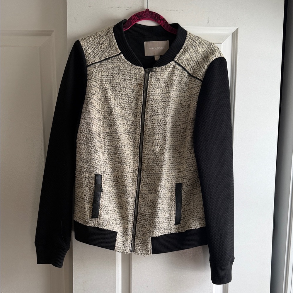 Banana Republic Black and Cream Textured Bomber Jacket